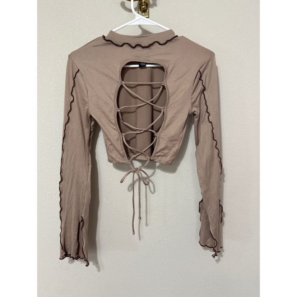 Long Sleeve Crop Top‎ Women's Small Tan Open Back Lace Up Lettuce Edge Trim